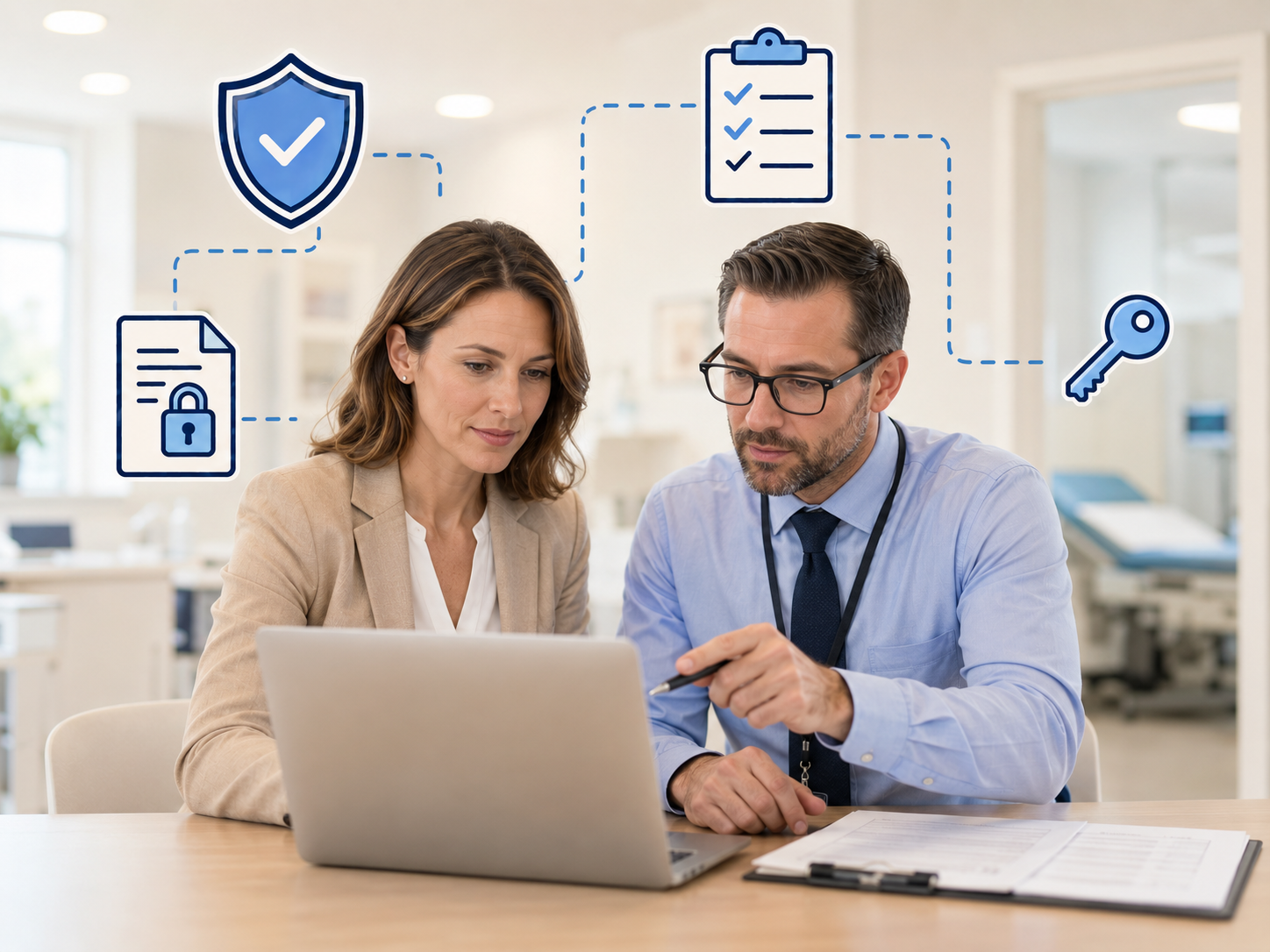 A practice manager and IT professional reviewing HIPAA compliance documentation