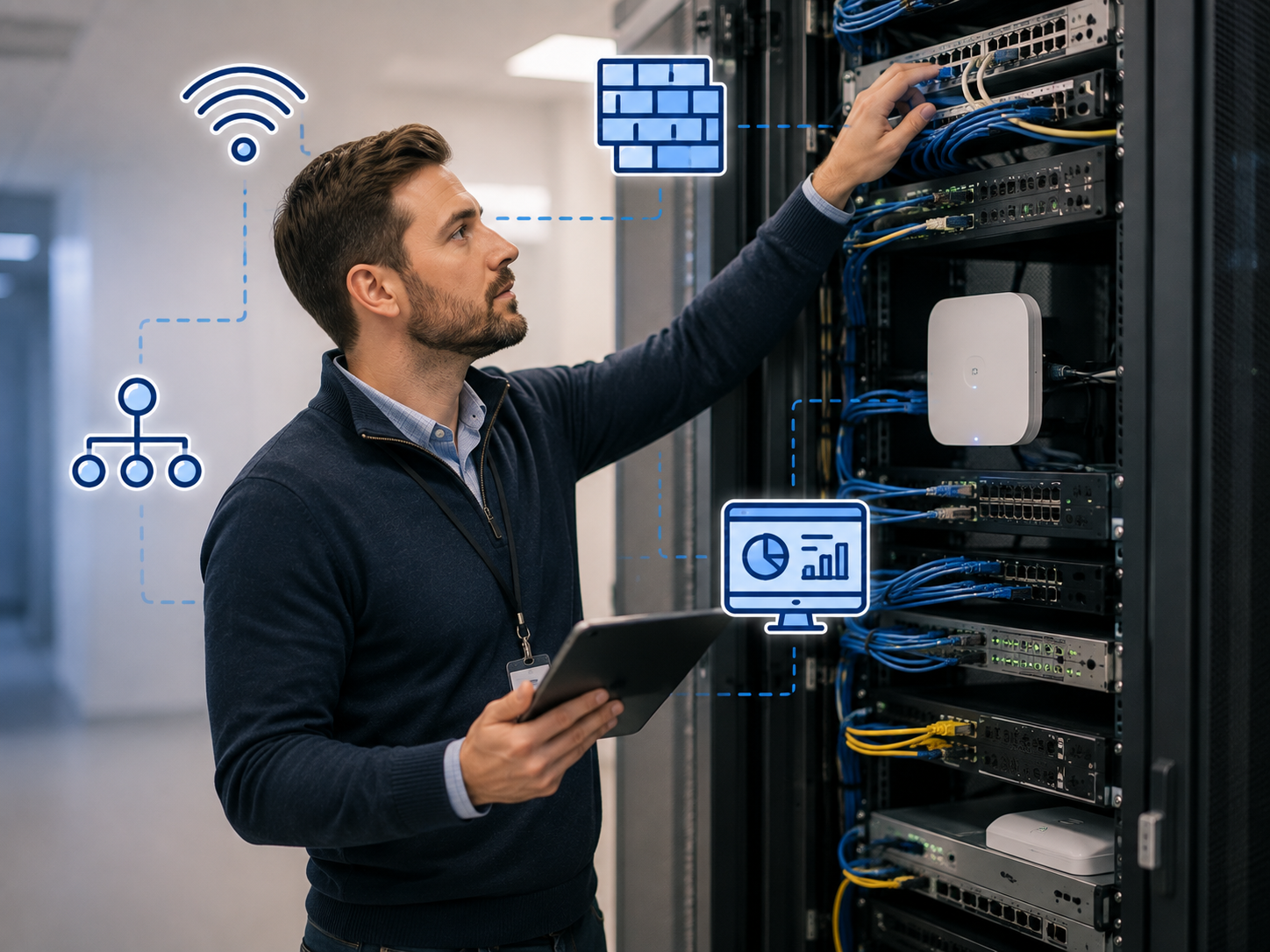 A network engineer inspecting managed switches and access points